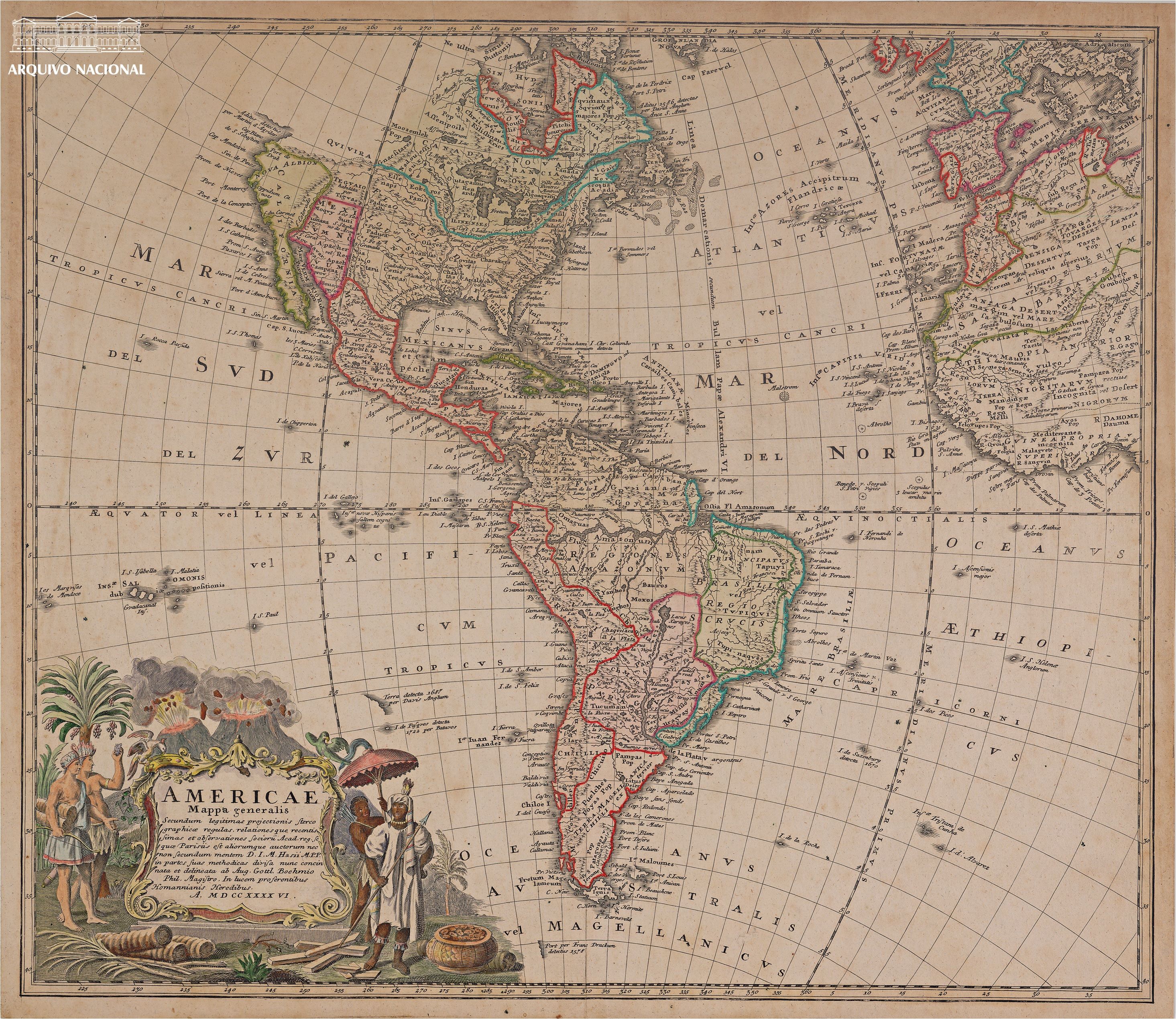 América – Mapa Geral. Em: Lucem Proferentibus Homannianis Heredibus. Nuremberg, 1746. Fundo Proveniência Desconhecida. BR RJANRIO F2.0.MAP.350.